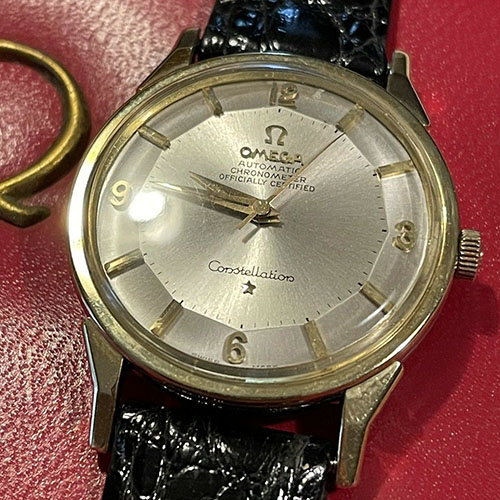 1960's Vintage Omega Constellation Pie pan Cal 551 14K Gold Ivory Brown Black Watch for Men