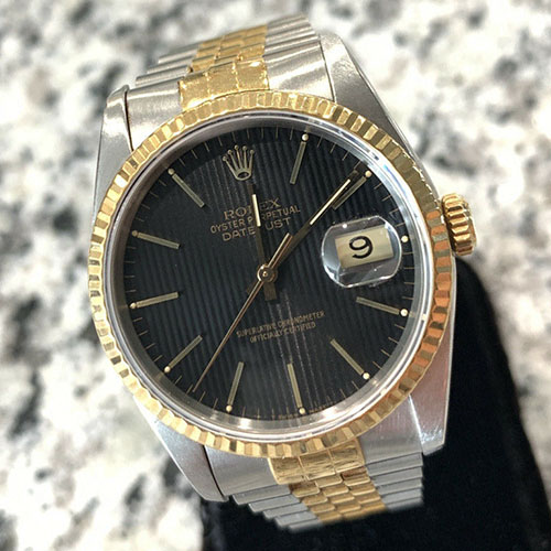 1990 Vintage Rolex Oyster Perpetual Datejust 16233 Black Tapestry Gold Watches for Men