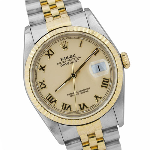1990's Vintage Rolex DateJust 16233 18K Two-Tone Gold Cream Roman 36mm Men's Watches