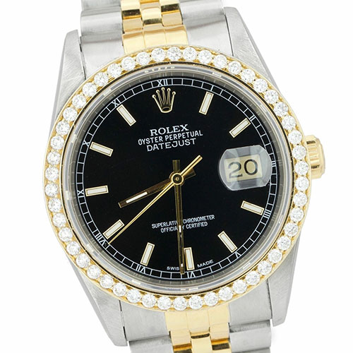 1990's Vintage Rolex DateJust 16233 Two-Tone Gold Black Diamond Wrist Watches for Men